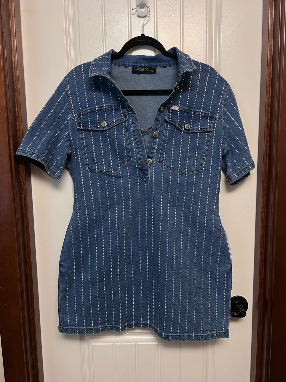 Wrangler Denim Rhinestone Striped Denim Dress with Polo Neck